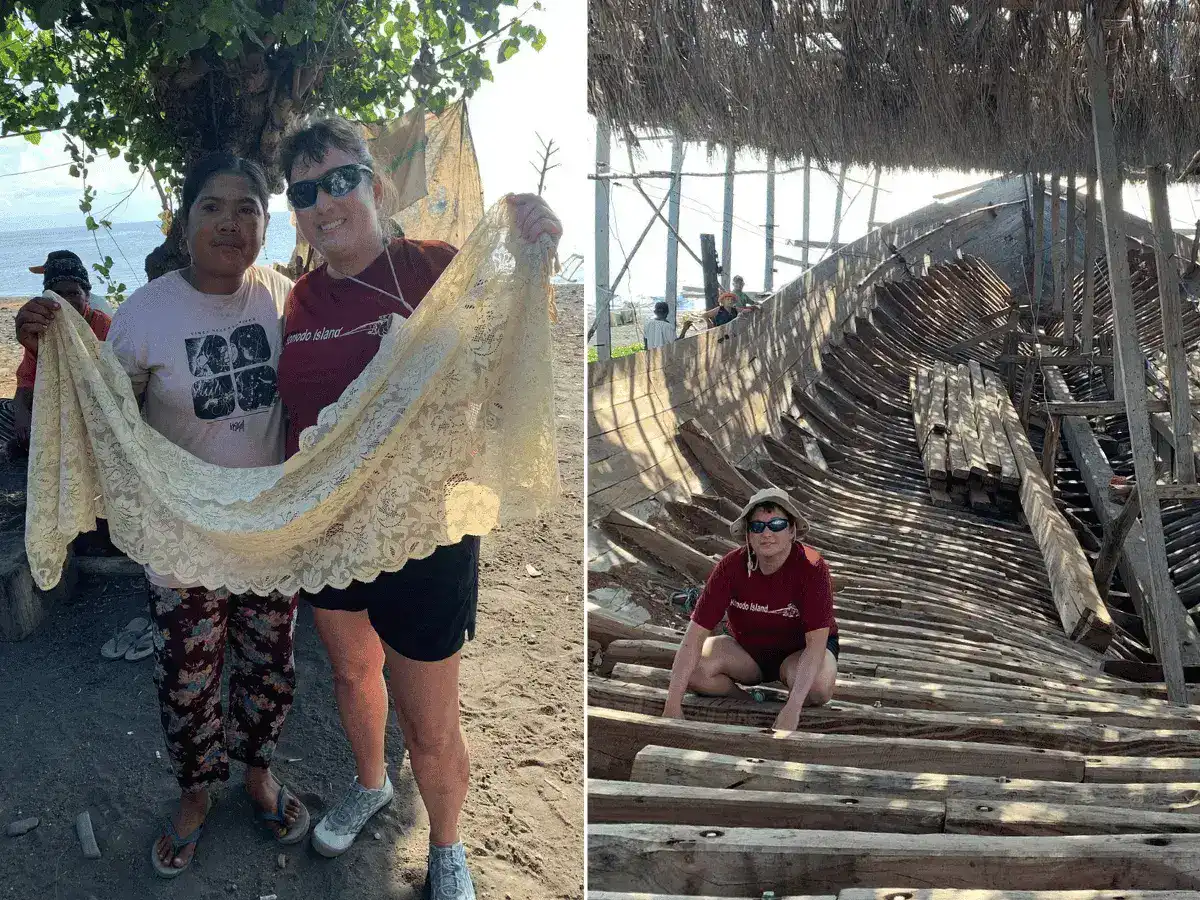 Left: Maura with the local weaver. Right: Maura on the ship building in Sangeang Island.