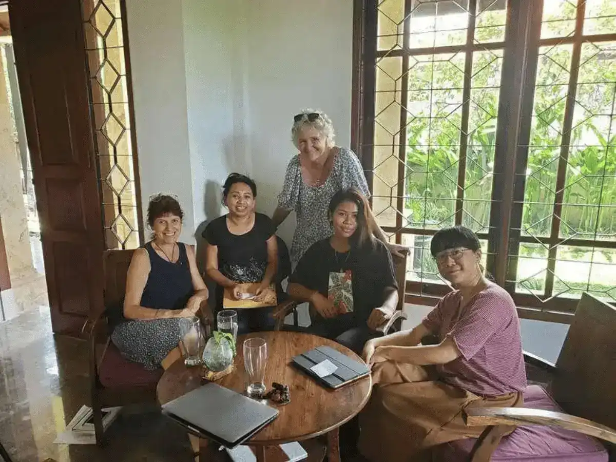 From left to right: Director of Literasi Anak Indonesia - Aprile Collett with associate Grace Mailuhu,, Jeni Kardinal with SeaTrek Sailing Adventures, and Coco Melati (illustrator).