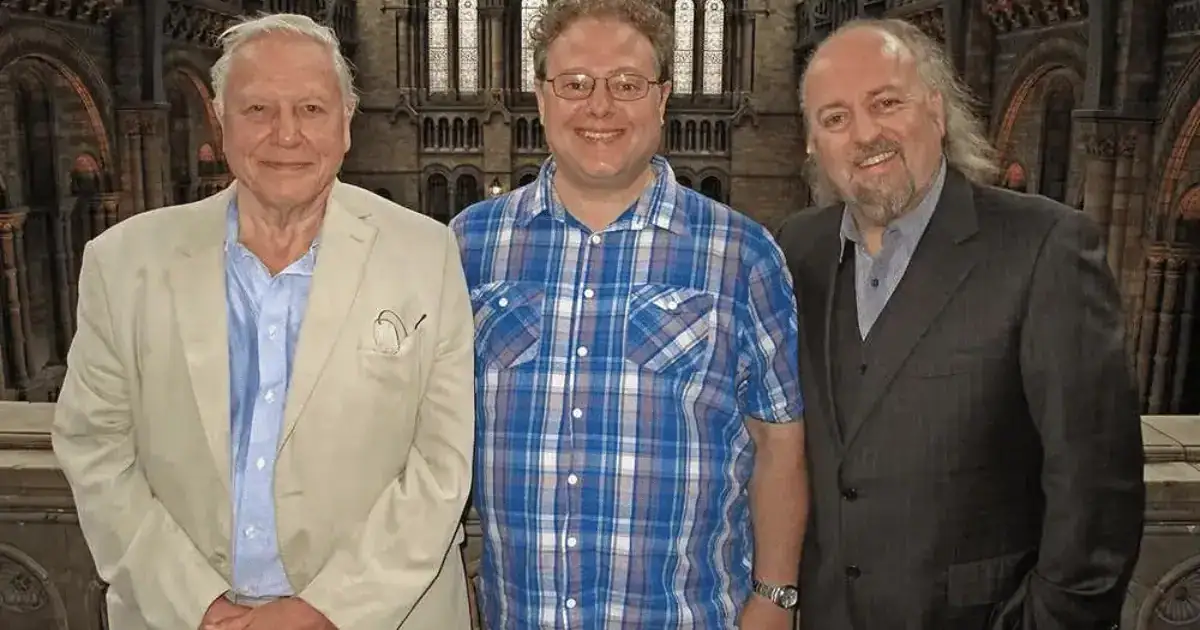 George Beccaloni (middle) and the WCP's Patrons: Sir David Attenborough (left) and Bill Bailey (right).