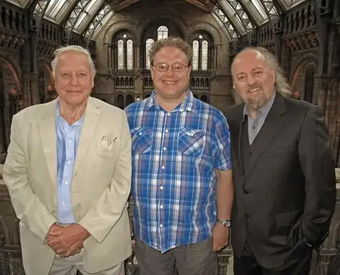 George Beccaloni (middle) and the WCP's Patrons: Sir David Attenborough (left) and Bill Bailey (right).