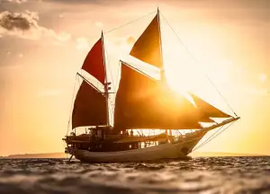 Katharina full sails up with a sunset background